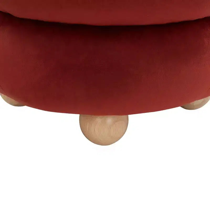 Pouf Rond en Velours Capitonnage Vertical, Marron Clair et Noyer