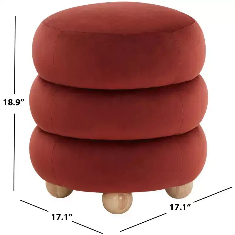 Pouf Rond en Velours Capitonnage Vertical, Marron Clair et Noyer