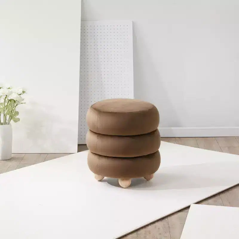 Pouf Rond en Velours Capitonnage Vertical, Marron Clair et Noyer