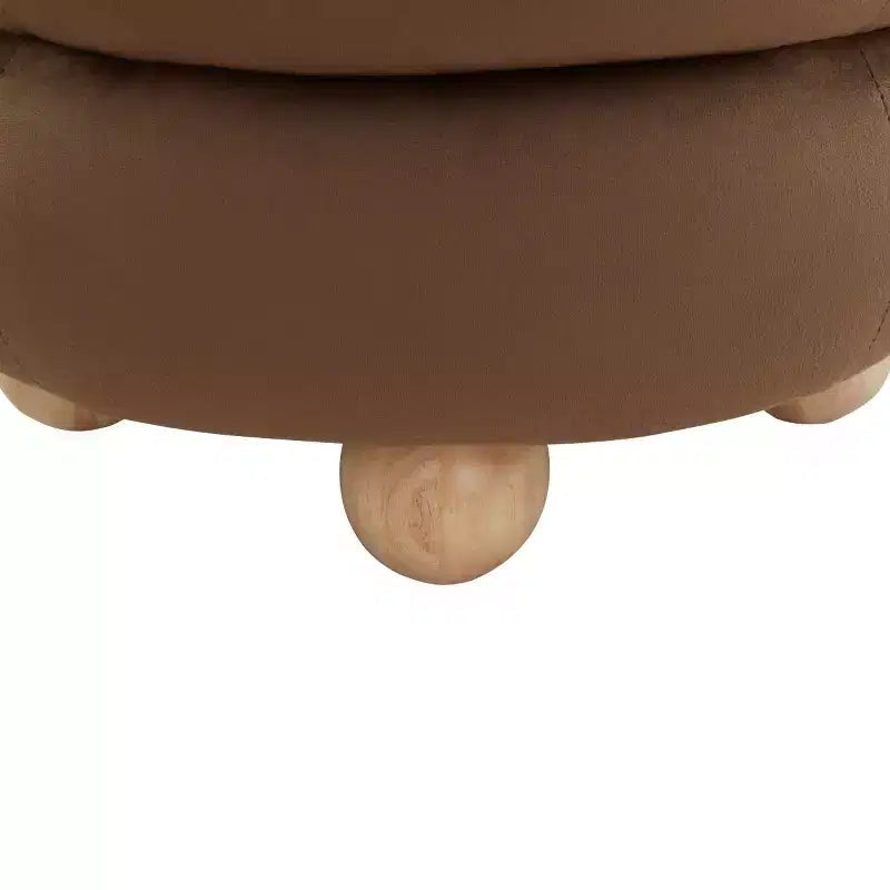 Pouf Rond en Velours Capitonnage Vertical, Marron Clair et Noyer
