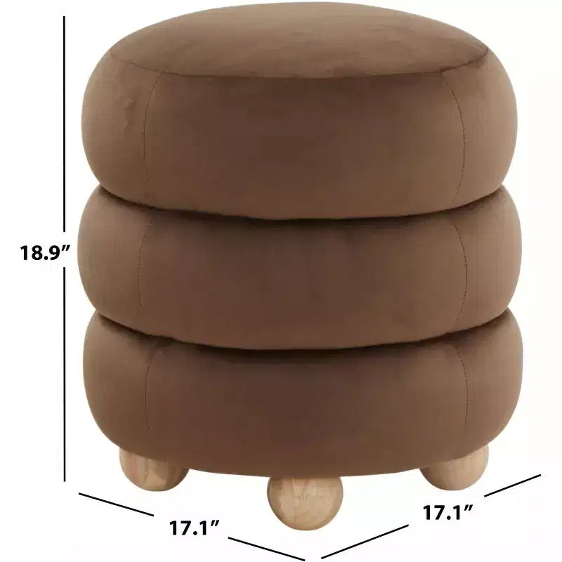 Pouf Rond en Velours Capitonnage Vertical, Marron Clair et Noyer