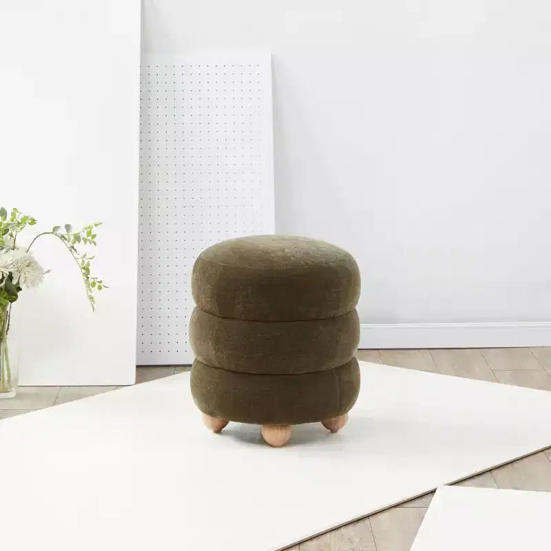Pouf Rond en Velours Capitonnage Vertical, Marron Clair et Noyer