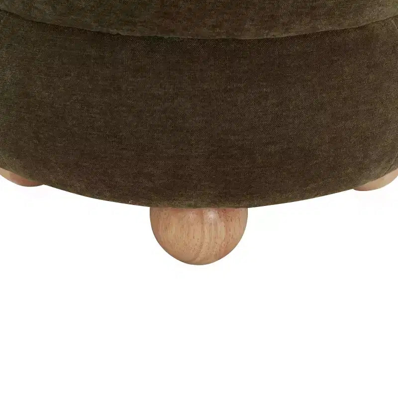 Pouf Rond en Velours Capitonnage Vertical, Marron Clair et Noyer