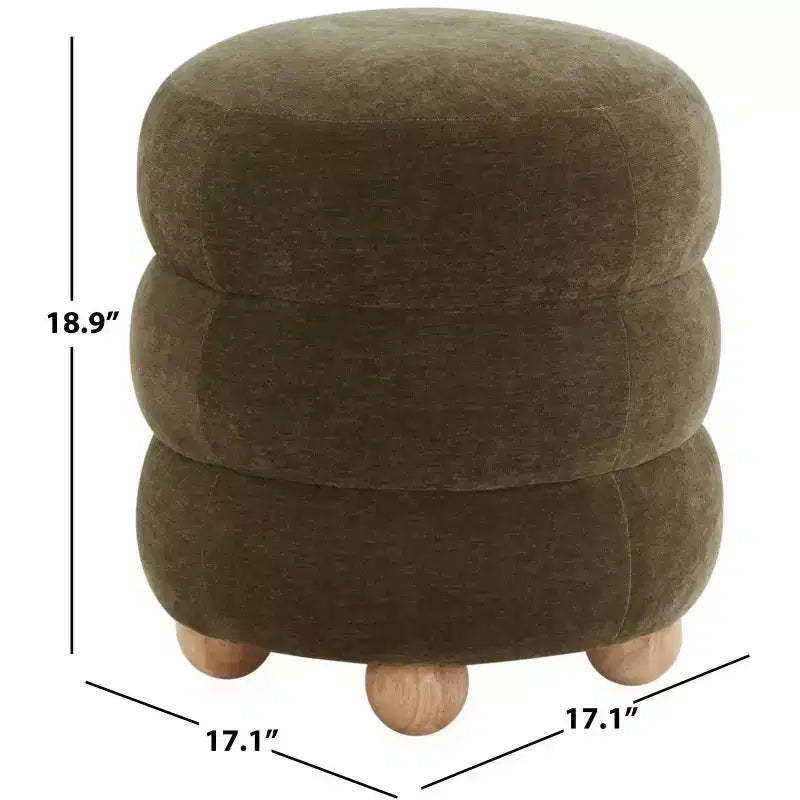 Pouf Rond en Velours Capitonnage Vertical, Marron Clair et Noyer