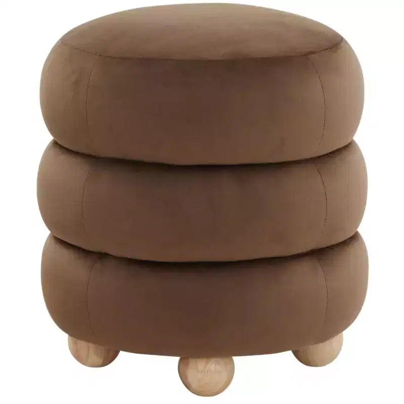 Pouf Rond en Velours Capitonnage Vertical, Marron Clair et Noyer
