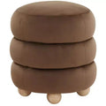 Pouf Rond en Velours Capitonnage Vertical, Marron Clair et Noyer