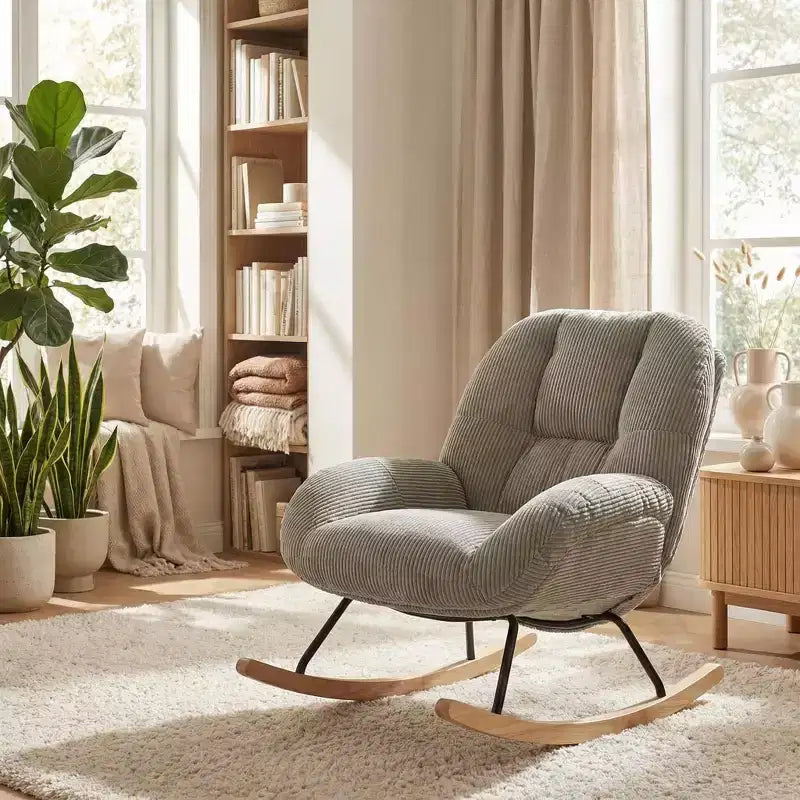 Fauteuil à bascule d'appoint rembourré en velours côtelé, gris