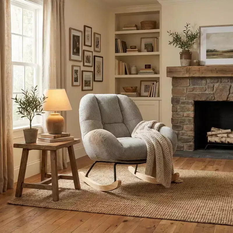 Fauteuil à bascule d'appoint rembourré en velours côtelé, gris