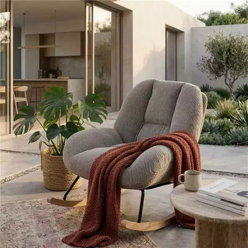 Fauteuil à bascule d'appoint rembourré en velours côtelé, gris