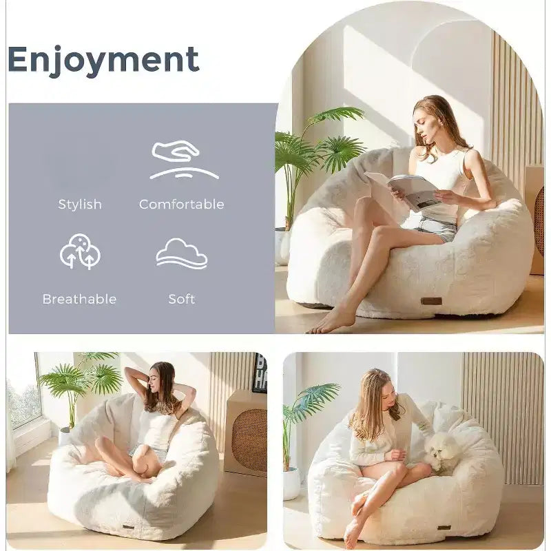 Pouf géant en forme de coquillage, canapé surdimensionné en fausse fourrure pour adultes et enfants avec remplissage, beige