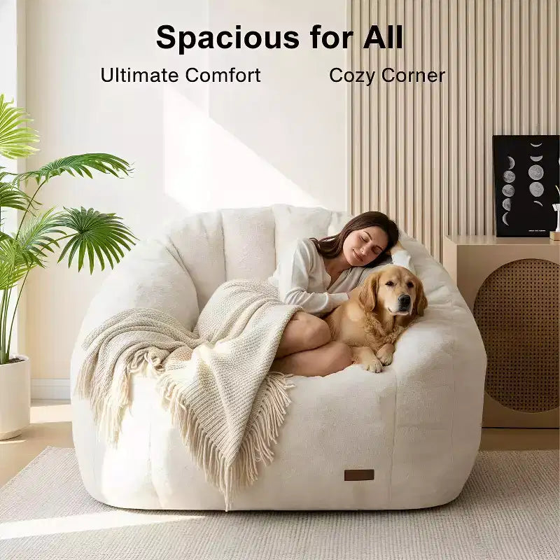 Pouf géant en forme de coquillage, canapé surdimensionné en fausse fourrure pour adultes et enfants avec remplissage, beige