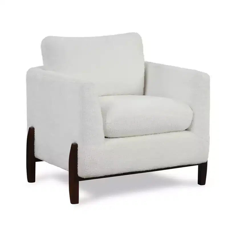 Fauteuil d'appoint rembourré Mid-Century, Polaire crème à poils longs, Pieds finition noyer