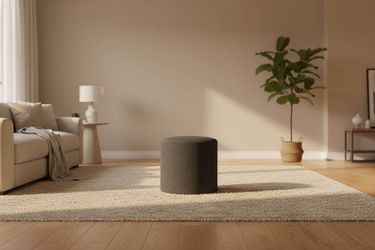 Ottoman rond en lin avec assise rembourrée