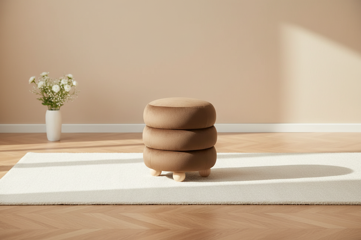 Pouf Rond en Velours Capitonnage Vertical, Marron Clair et Noyer